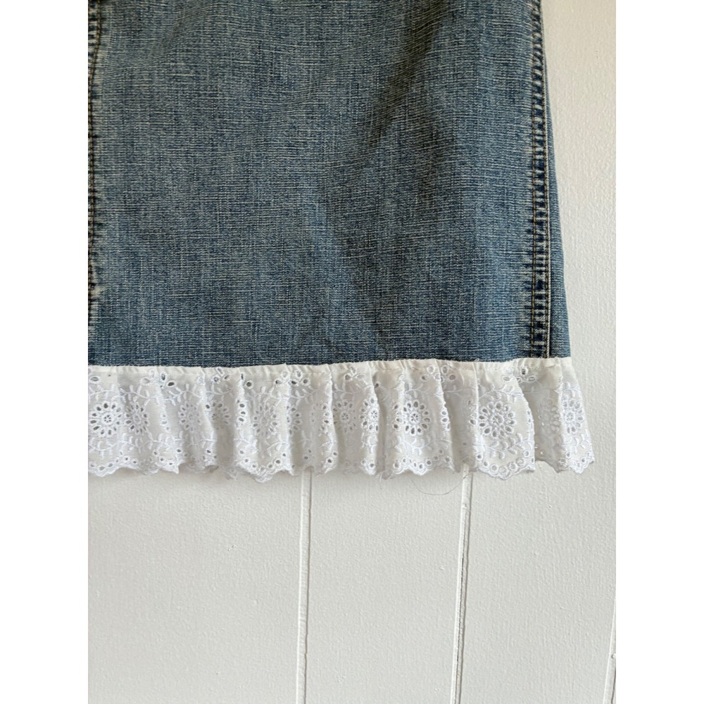 Faded Glory Denim Mini‎ Skirt White Eyelet Lace Ruffle Hem Y2K Medium Wash Blue - Picture 5 of 5